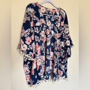 Umgee Kimono Sz M/L Floral Cardigan Peasant Boho Festival Hippie Pom Pom Beachy